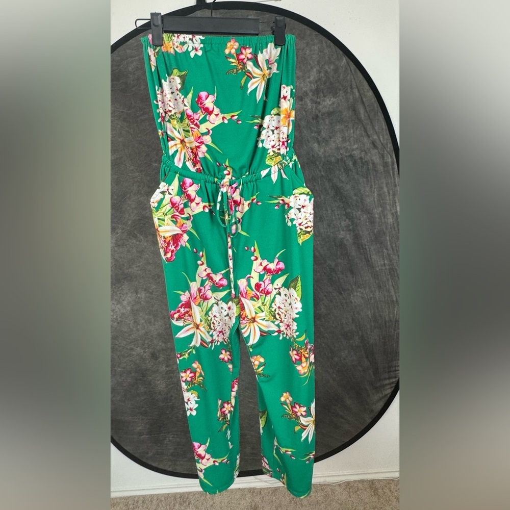 Express Strapless Floral Jumpsuit | Tie Waist Belted | Green | XS